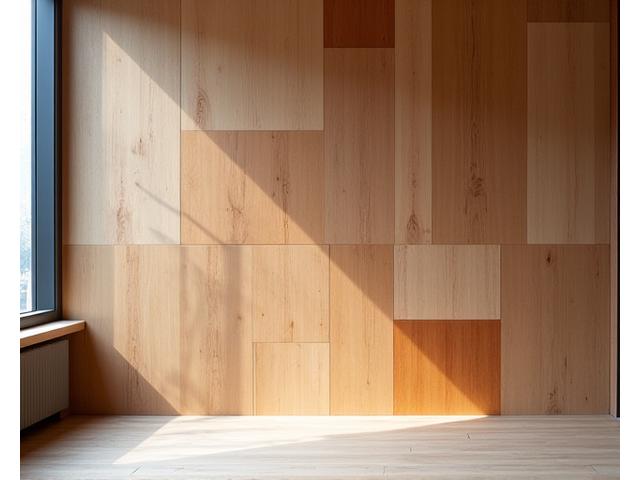 Abstracte geometrische wandinstallatie gemaakt van verschillende tinten hout, die diepte en textuur toevoegt aan een moderne ruimte.