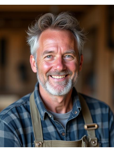 Portret van de oprichter van Houtvonk Creatie, Gijs van der Maas, glimlachend in zijn werkplaats.